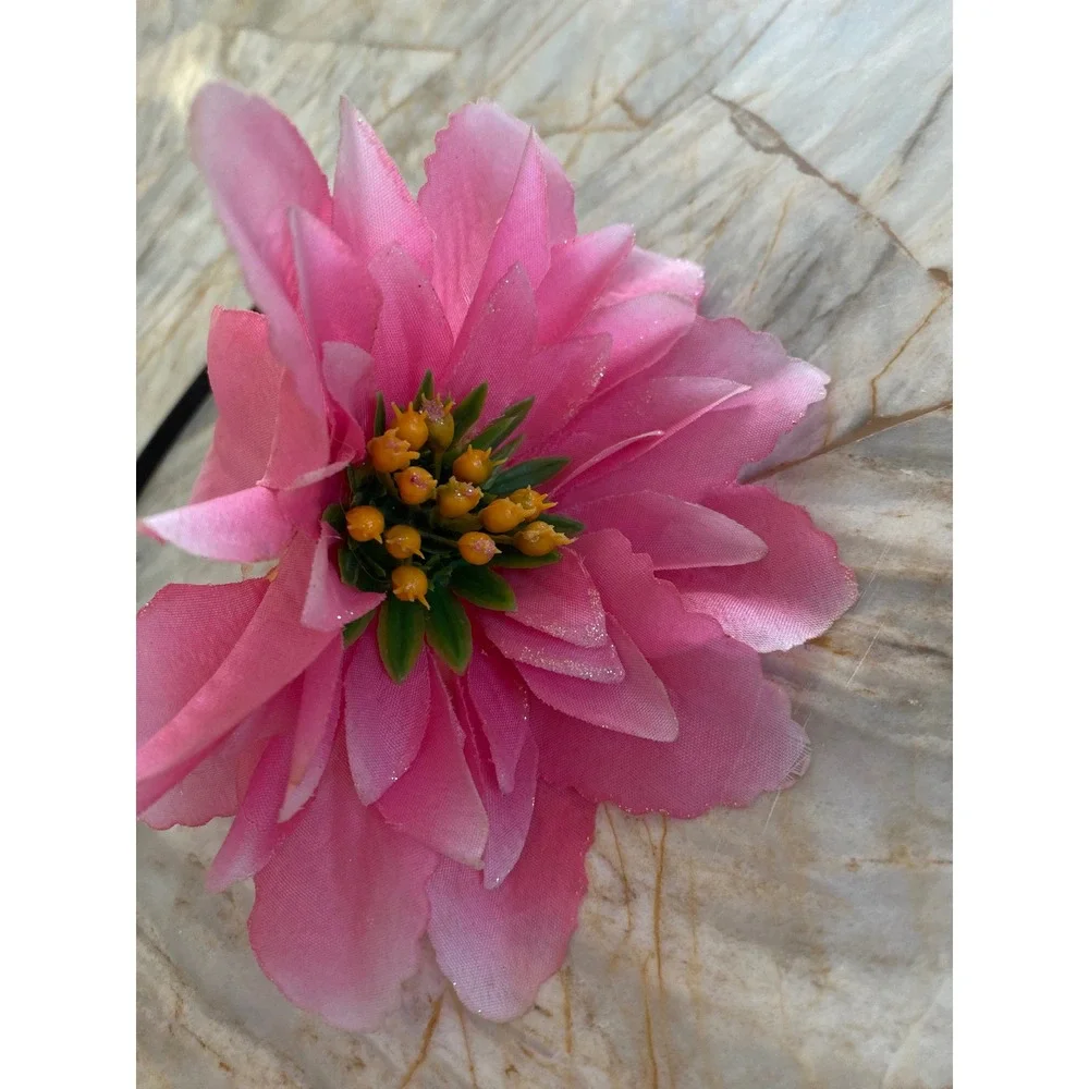 Pink Floral Headband Large Fabric Flower Glitter Accents Tropical Style Black